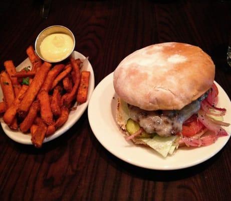 Tasty burger and sweet potato fries!