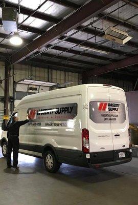 Practicing vehicle decals on one of our new transit vans.