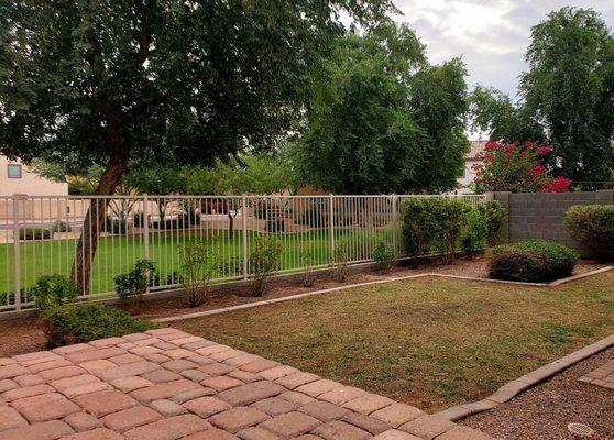 Our back yard that was overgrown and had dead bushes as eye sores, but they made it nice and clean cut again.