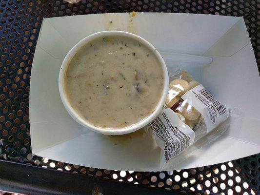 Clam Chowder with a bag of oyster crackers