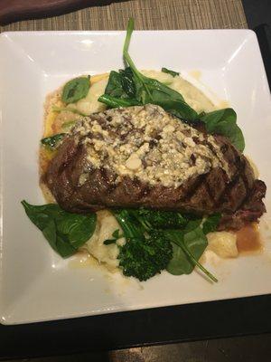 Age Ribeye with garlic mashed potatoes, broccolini and spinach topped with blue cheese butter!!