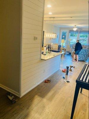 Shiplap installation and light fixture