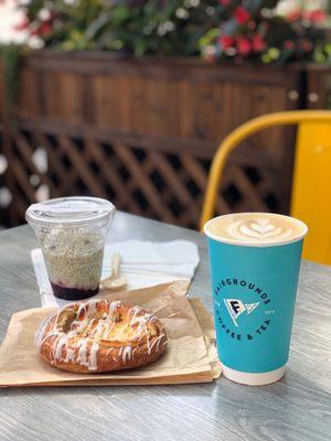 Matcha chia pudding, cheese danish and vanilla latte