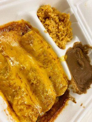 Fajita enchiladas with rice & beans