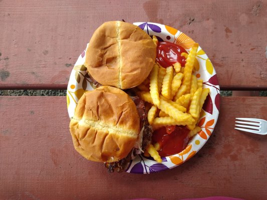 Two bacon cheeseburgers with side of fries