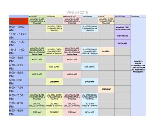 Here's the schedule! They have 6am classes! And open mats on Saturday and women's and kids classes. Perfect schedule!