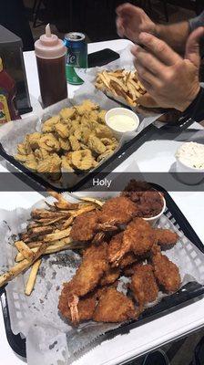 Fried pickles. Fried shrimp basket. Brisket sandwich. All soo delicious