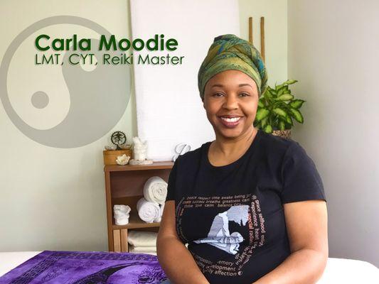 Carla Moodie, Licensed Massage Therapist, Certified Yoga Instructor and Reiki Master. Owner and therapist of Intuitive Spirit Healing Arts.