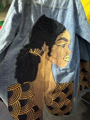 Hand painted long denim jacket with 3d hair and african print