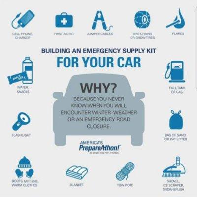 With the winter weather upon us it is a great idea to have an emergency kit with you in your vehicle.