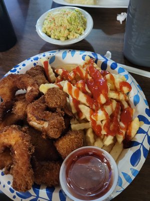 Fried Shrimp, fries, and Cole slaw