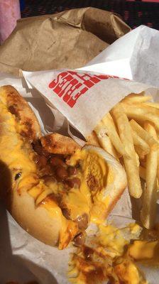 Chili Cheese Dog bout $3