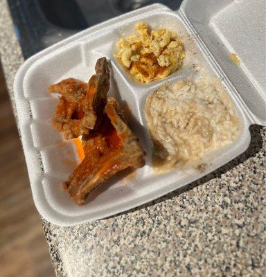 Pork chops, Mac & Cheese and White Rice and gravy