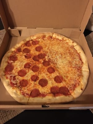 Here's our large half-pepperoni pizza we ordered after an evening out Black Friday shopping!