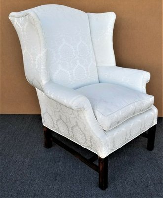 Vintage Chippendale Wingback White Brocade Satin Cotton and Down Armchair