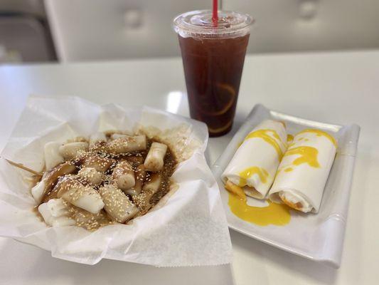 Steamed rice rolls with hoisin and peanut sauce; Mango sweet rolls; HK lemon iced tea