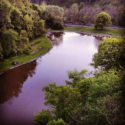 view of the lake from Panther Hollow Rd. in Schenley Park