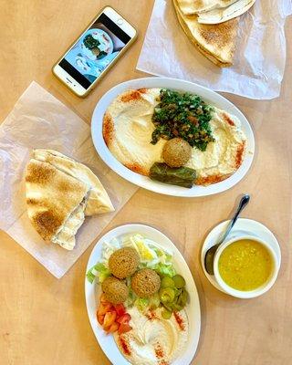 Top  Bottom: Tabbouli, baba ghanous, grape leaf -- falafel and hummus plate and crushed lentil soup