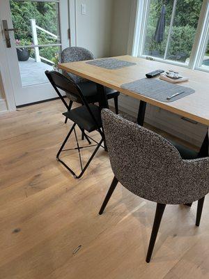 The Length of the table top should be able to accommodate 2-3 chairs on each side without chairs/knees bumping into the base.