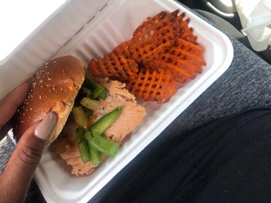 Salmon Teriyaki Burger w/ Sweet Potato Fries