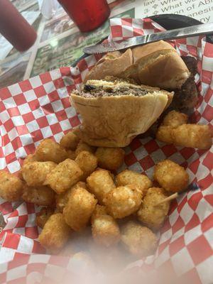 Mushroom Swiss burger and tots. Both very good. Burger appeared had tossed and nicely done.