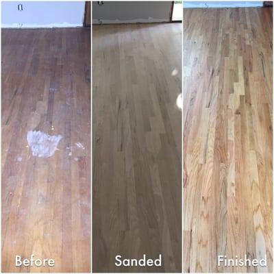 Photos of floor before, after sanding and after it was all finished.