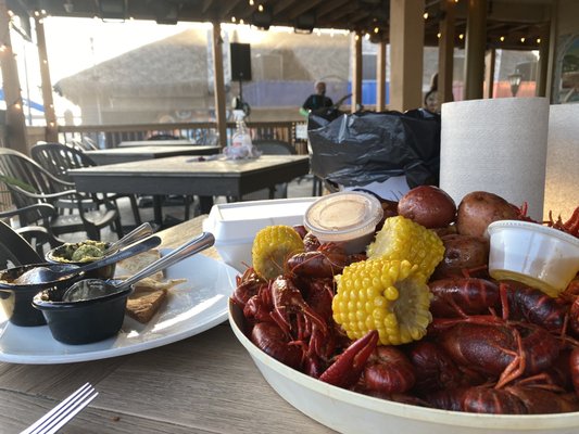 Five pounds boiled crawfish with all sides - corn niblets, sausage, mushrooms, and red skin potatoes