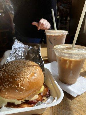 Breakfast sandwich, large mocha, and small latte