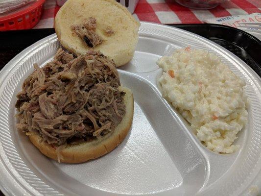 Good pork BBQ, moist and goes great with the BBQ sauce on the table.  I'd pick a side other than coleslaw next time, though.  But good bbq