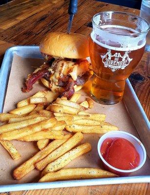 Dos Sirenos "Triple Beer Brewhouse Burger" for $12 made exclusively for Burger Week 2023.