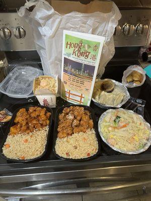 General Tso Chicken, Sesame Chicken, shrimp Mi Fun, steamed dumpling & shrimp fried rice with eggrolls