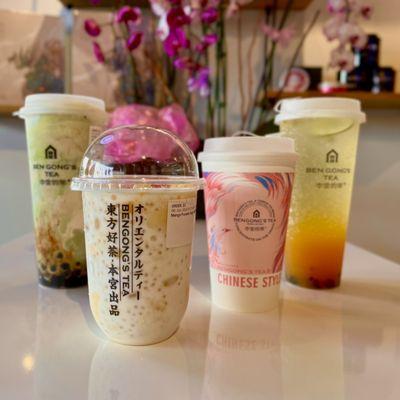 [L to R] Uji Matcha Cheese Slush w/Boba, Mango Pomelo Sago, Osmanthus Rice Milk Tea, Passionfruit Sparkling Tea