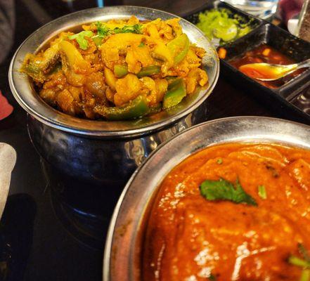 Vegetarian kadahi mushroom (back), chicken tikka Masala (front)