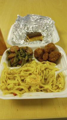 Shrimp Fettuccine Alfredo sauce, popcorn shrimp and Green beans/sausage