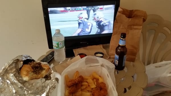 Philly Steak & Cheese, Chicken fingers basket, Blue Moon IPA, New England Patriots