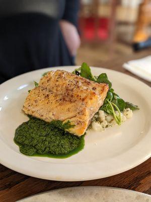 Fire-roasted rushing waters rainbow trout, hominy succotash, Emily's watercress herb puree.