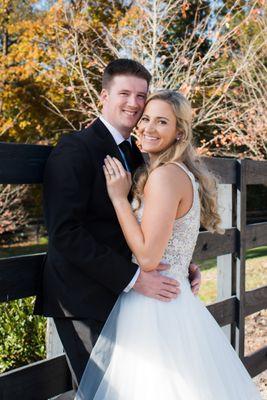 Bride and groom at horse farm wedding in New England