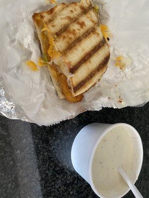 Half soup half panini. Clam chowder and crispy chicken