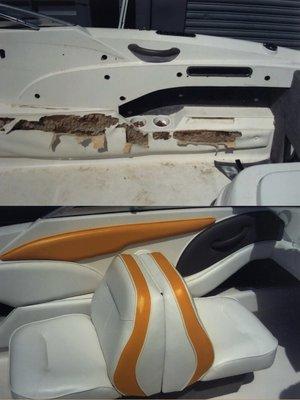 Before and after marine upholstery.