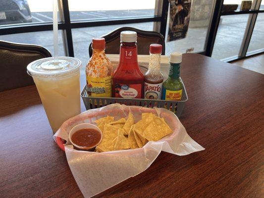 Table salsa and house chips and salsa