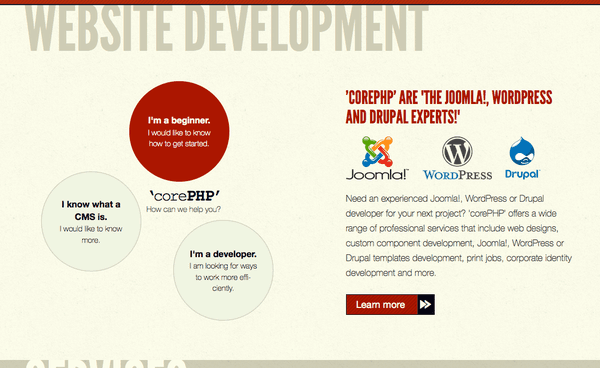 'corePHP' website. Website Development for Joomla, WordPress and Drupal