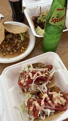 Steak tacos, mango shrimp ceviche, fried shrimp tacos