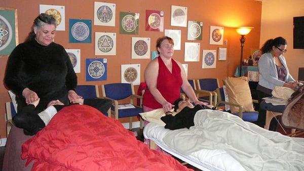 Doing energy healing in the large activities room.