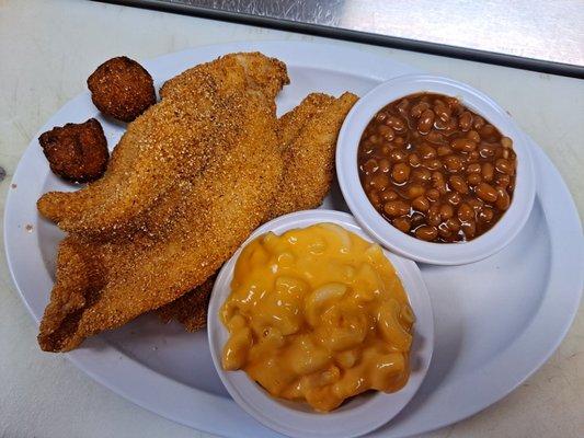 Catfish, hushpuppies,  macaroni and cheese with baked beans