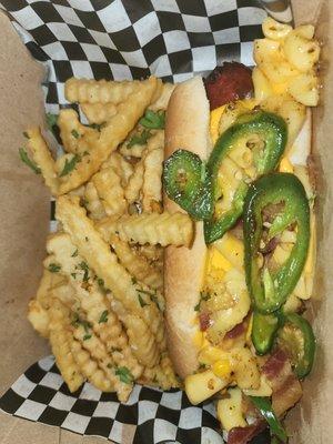 Dirty Mac and cheese hot dog with fries. Fries were nice. Son liked dog.