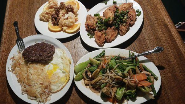 S & p wings, veggie stir fry,  hamburger steak,  honey walnut prawns