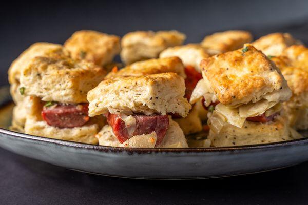 Black Pepper Biscuits, Andouille Sausage, Artichoke Relish