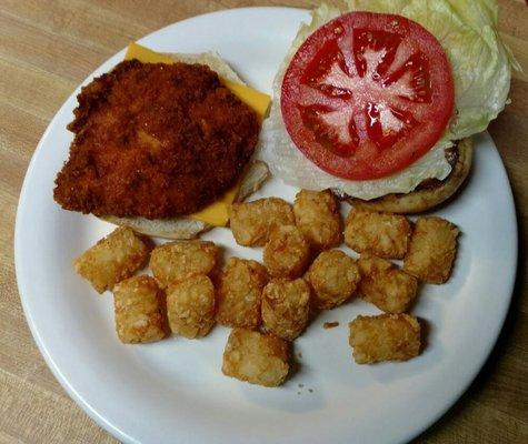 Spicy Chicken Sandwich with tots