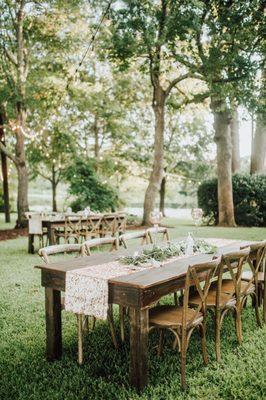 Farm table, runners, cross back chairs