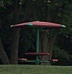 A flower topped picnic table.